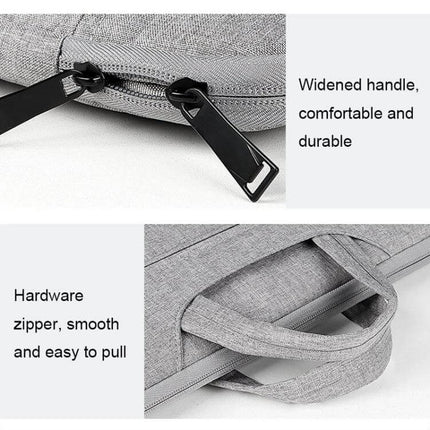 Waterproof Shock-Absorbing Laptop Handbag with Large Capacity showing widened handles and smooth hardware zipper in grey polyester