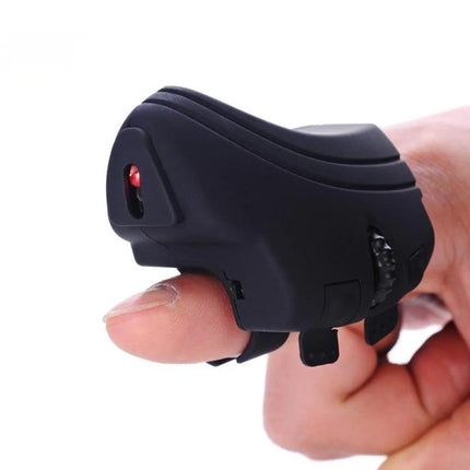 Bluetooth Finger Mouse for Phones, Tablets, and Notebooks - compact black finger-worn wireless mouse shown on index finger for presentations and mobile editing