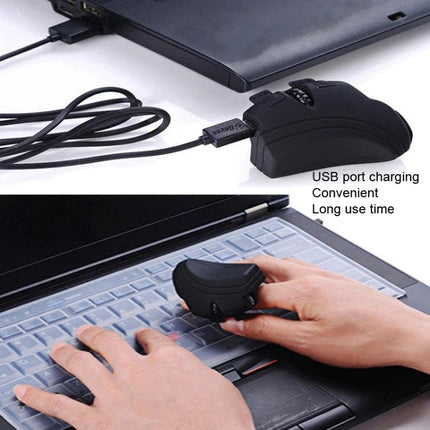 Bluetooth Finger Mouse for Phones, Tablets, and Notebooks shown worn on finger next to laptop for presentations and mobile navigation