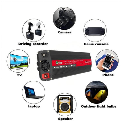 Gurxun Sine Wave Inverter for Household Power Conversion - compact DC to AC inverter powering TV, laptop, phone, camera and outdoor lights