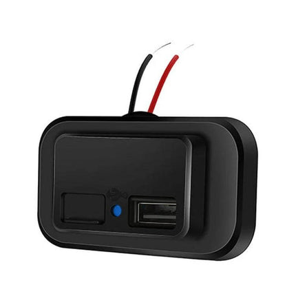 Dual USB Car Charger for RVs and Buses Easy Install compact black dual USB module with blue indicator light and dust cover for tidy dashboard