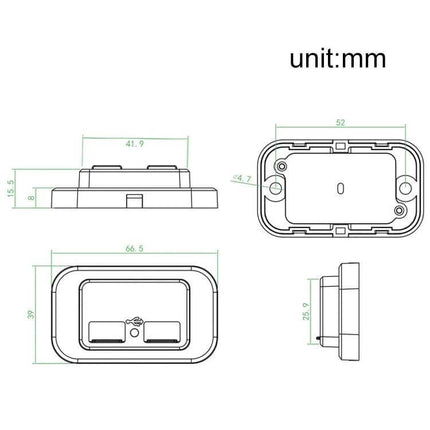 Dual USB Car Charger for RVs and Buses Easy Install — technical drawing with dimensions showing flat-back dual USB port, dust cover, and mounting holes