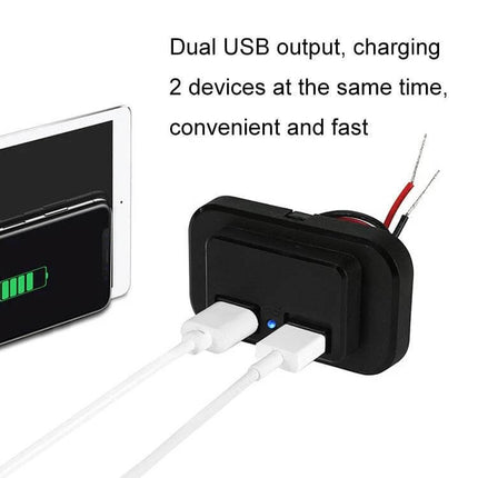Dual USB Car Charger for RVs and Buses Easy Install compact flat-back dual USB charger with blue indicator light and dust cover