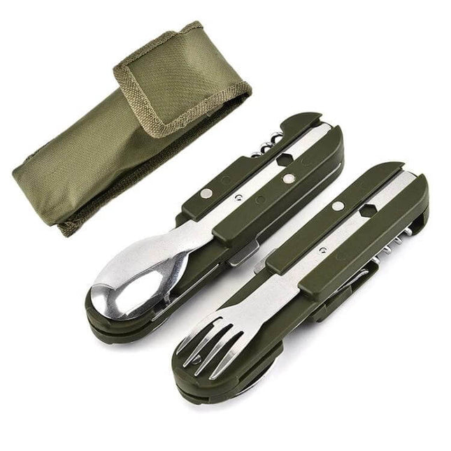 Outdoor Camping Tableware Set Stainless Steel Knife Fork and Spoon compact folding utensil kit with green pouch