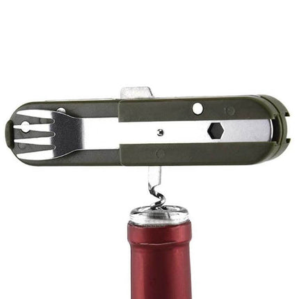 Outdoor Camping Tableware Set Stainless Steel Knife Fork and Spoon compact folding kit with corkscrew on bottle