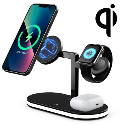 UD23 15W 3 In 1 Desktop Aluminum Alloy Wireless Charger Smartphone Watch AirPods black angled view showing phone, Apple Watch and AirPods charging on stand