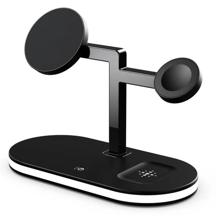 UD23 15W 3 In 1 Desktop Aluminum Alloy Wireless Charger Smartphone Watch AirPods black three‑device charging stand with adjustable lamp and Type‑C input