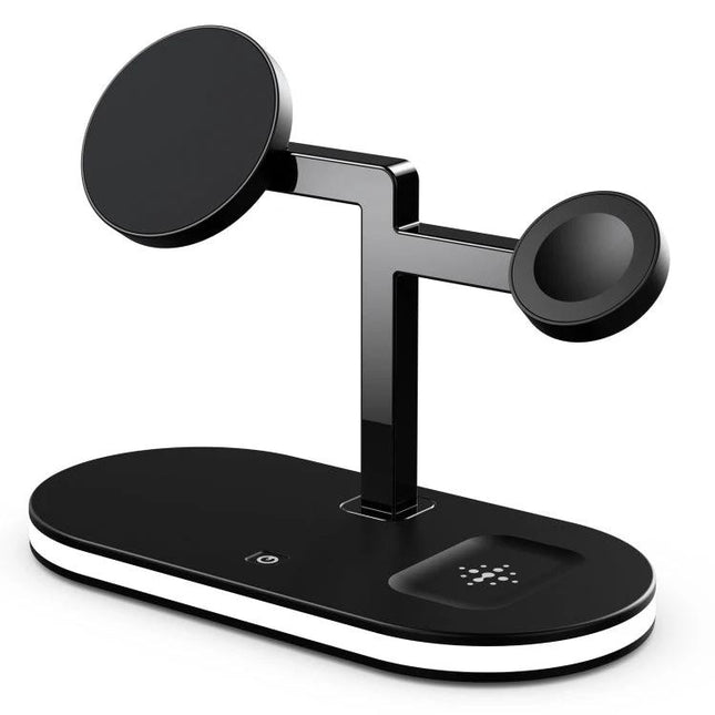 UD23 15W 3 In 1 Desktop Aluminum Alloy Wireless Charger Smartphone Watch AirPods black three‑device charging stand with adjustable lamp and Type‑C input