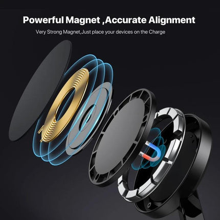 UD23 15W 3 In 1 Desktop Aluminum Alloy Wireless Charger Smartphone Watch AirPods showing exploded magnetic coil and alignment components