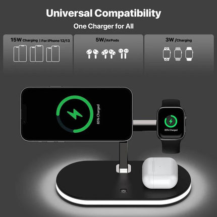 UD23 15W 3 In 1 Desktop Aluminum Alloy Wireless Charger Smartphone Watch AirPods showing phone, watch and AirPods charging on a black desktop stand