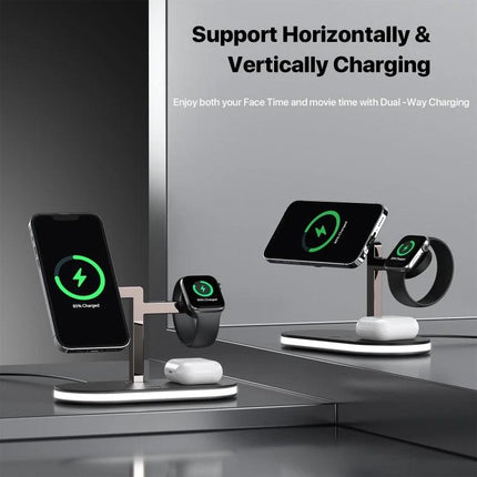 UD23 15W 3 In 1 Desktop Aluminum Alloy Wireless Charger Smartphone Watch AirPods showing horizontal and vertical charging with watch and AirPods