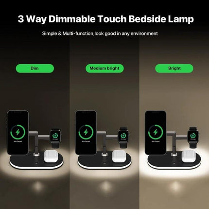 UD23 15W 3 In 1 Desktop Aluminum Alloy Wireless Charger Smartphone Watch AirPods showing dimmable bedside lamp with three brightness levels and charging phone watch AirPods