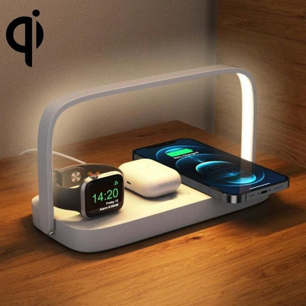 UD10 3 In 1 Wireless Charger Nightlight for iPhone 12 13 Apple Watch AirPods - white zinc alloy bedside lamp with MagSafe phone, Apple Watch and AirPods charging