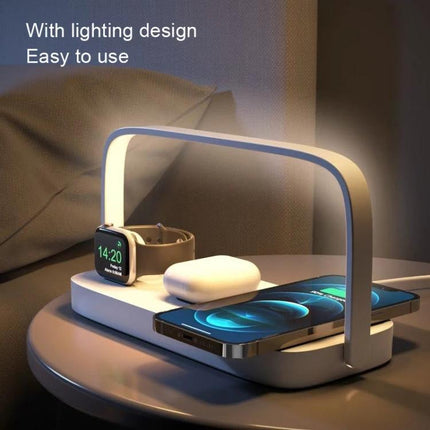 UD10 3 In 1 Wireless Charger Nightlight for iPhone 12 13 Apple Watch AirPods on bedside table with lamp handle, charging iPhone, AirPods and Apple Watch