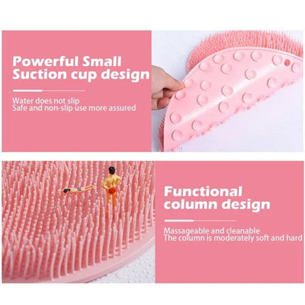 Bathroom Tool for Easy Back and Foot Care in Showers - pink TPR scrub mat with suction cups and flexible massage bristles for easy back and foot cleaning