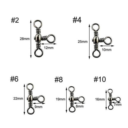 Bottle Shaped Three Pronged Swivel Fishing Ring Set 115 Pieces – stainless steel copper three-way swivels with size measurements (#2,#4,#6,#8,#10)