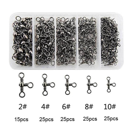 Bottle Shaped Three Pronged Swivel Fishing Ring Set 115 Pieces stainless steel swivel kit with compartmented case for anglers