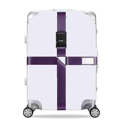 Luggage Reinforcement Straps With Combination Lock Rainbow – purple strap on white suitcase with built‑in combination lock for travel security and identification