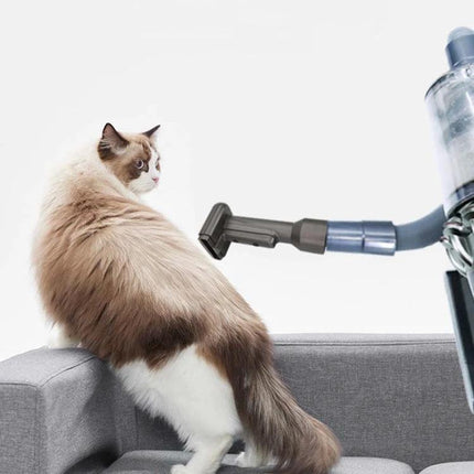 Pet Hair Removal Brush for Dyson V7 to V15 Vacuums shown removing cat fur from sofa with one-click ejection mechanism