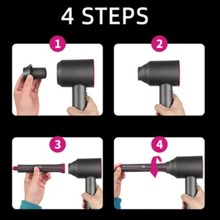 Dyson Hair Dryer Curling Adapter Rose Red Everyday Styling showing 4 steps to attach and convert hair dryer to curling tool