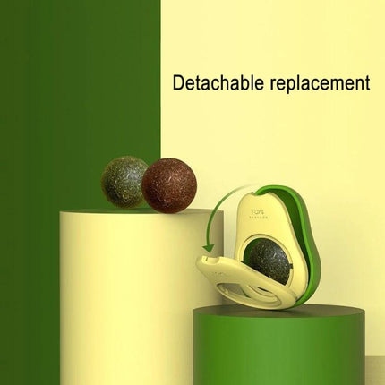 Avocado-Shaped Catnip Toy for Daily Cat Teeth Care and Play showing detachable replacement ball and plastic avocado shell