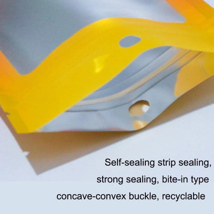 Aluminum Foil Ziplock Bags for Jewelry and Cable Storage - close-up of aluminized matte pouch with yellow self-seal strip and punch hole, 7.5x10cm protection