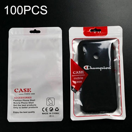 Translucent Self-Sealing Packaging Bags for Phone Cases, 12x21cm - clear CPP film pouch holding black phone case, resealable hang hole, 100pcs