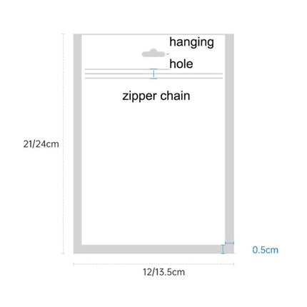 Self-Sealing Pearl Bags for Phone Case Packaging in Various Colors white diagram showing dimensions, hanging hole and zipper chain