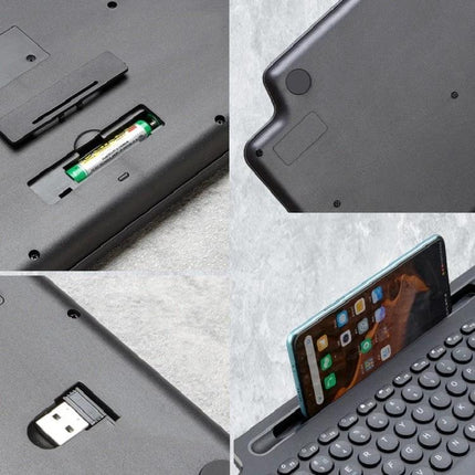 Wireless Bluetooth Keyboard with Integrated Bracket for Everyday Typing showing built-in touchpad, battery compartment, USB dongle and phone-in-bracket setup
