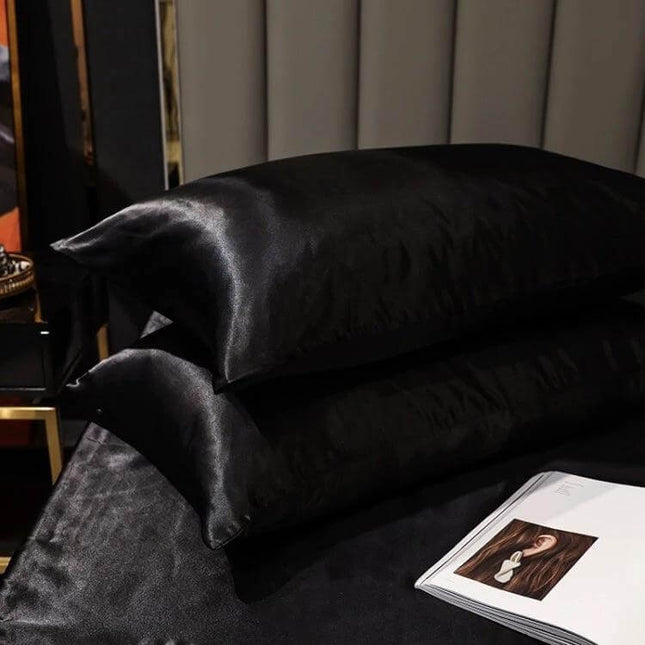 Ice Silk Pillowcase For Smooth Sleep 50x75cm For Everyday Use - black satin-like polyester pillowcases with hidden zipper and reinforced stitching