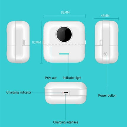 Compact Mini Bluetooth Thermal Printer for Student Notes Printing white compact device showing dimensions, print out slot, indicator light, power button