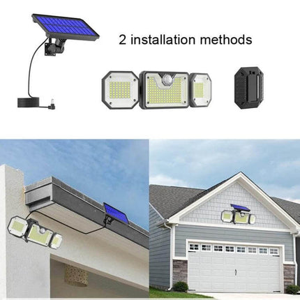 Solar Motion Sensor LED Garden Light Outdoor Waterproof mounted with external solar panel over garage and eave, showing two installation methods