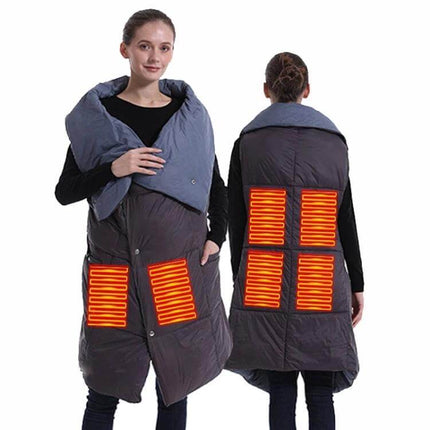 USB Electric Heating Shawl For Outdoor Winter Comfort - model wearing USB-powered heated shawl showing front and back heating zones