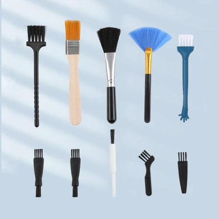 Crevice Cleaning Brush Set for Keyboards and Electronic Devices shown with 10-piece brushes for cleaning keyboard keys, ports, and tight device crevices