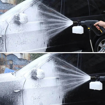 Portable Foam Spray Pot with 1/4 Interface for Car Washing Machines spraying thick foam onto a black car for detailing and on-the-go cleaning