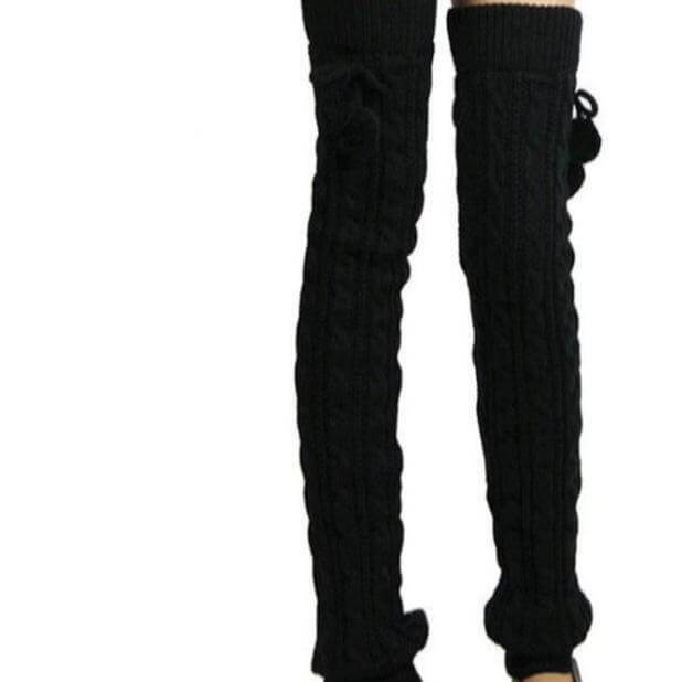 Charming Over Knee Knitted Socks for Women with Playful Twisted Design and Cute Pom-Poms