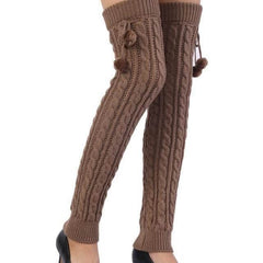 Charming Over Knee Knitted Socks for Women with Playful Twisted Design and Cute Pom-Poms