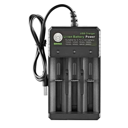 BMAX 3-Slot USB Charging Station for Lithium Batteries showing black charger with three battery slots and attached USB cable