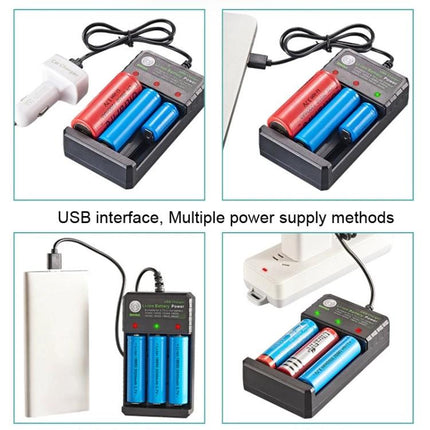 BMAX 3-Slot USB Charging Station for Lithium Batteries showing charger with three batteries and multiple USB power sources