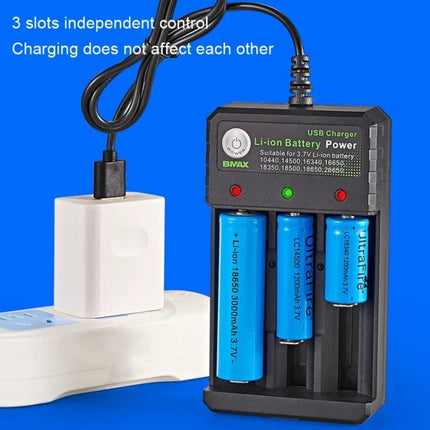 BMAX 3-Slot USB Charging Station for Lithium Batteries charging three lithium batteries from a USB wall adapter
