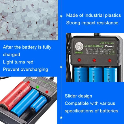 BMAX 3-Slot USB Charging Station for Lithium Batteries showing charger with three cells, LED charge indicators, slider design and durable plastic housing