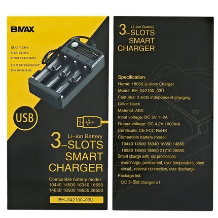 BMAX 3-Slot USB Charging Station for Lithium Batteries showing product box with 3-slot charger and USB compatibility