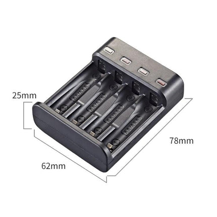 BMAX USB Charger for AA and AAA Rechargeable Batteries - compact 4-slot Micro USB Ni-MH/Ni-Cd charger with LED indicators and dimensions