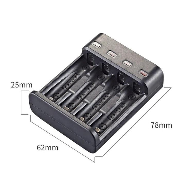 BMAX USB Charger for AA and AAA Rechargeable Batteries - compact 4-slot Micro USB Ni-MH/Ni-Cd charger with LED indicators and dimensions