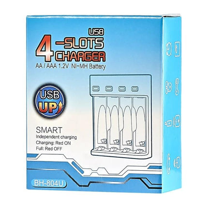 BMAX USB Charger for AA and AAA Rechargeable Batteries - compact 4-slot USB micro charging unit for AA/AAA Ni-MH Ni-CD batteries