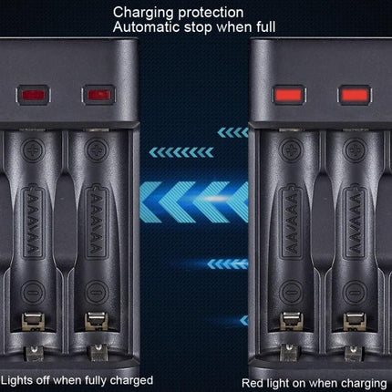 BMAX USB Charger for AA and AAA Rechargeable Batteries showing two-slot Micro USB charger with red charging LEDs and auto-stop protection