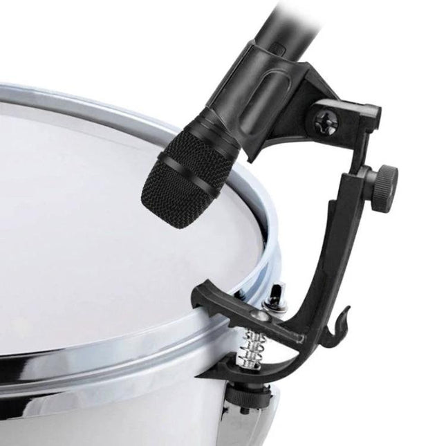 Microphone Clamp for Drum Set Recording at Home attached to snare rim with adjustable tilt holding cardioid mic for clear home drum audio