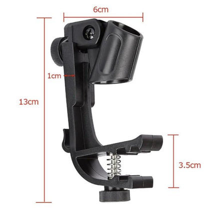 Microphone Clamp for Drum Set Recording at Home black adjustable clamp with dimensions for secure mic placement
