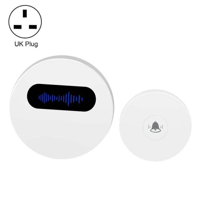 Weatherproof Wireless Doorbell for Reliable Home Notifications showing white UK plug receiver with blue waveform display and round push button