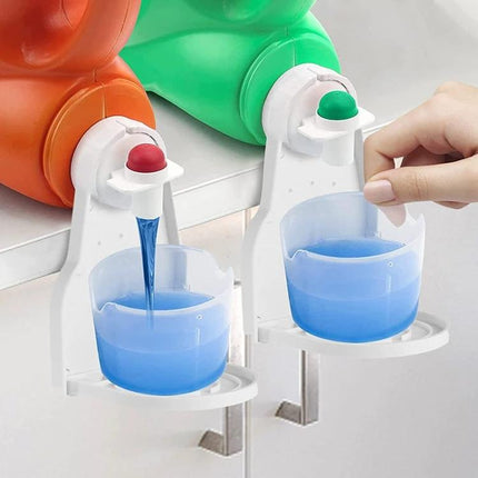 Practical Foldable Tray for Home Laundry Detergent Management showing two mounted dispensers pouring blue detergent into measuring cups